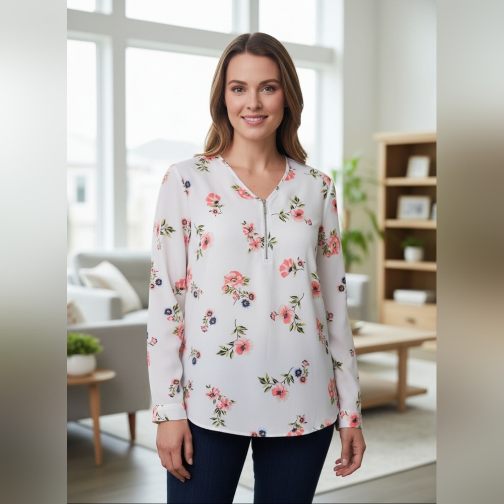 Chic Floral Women's Blouse - White and Pink